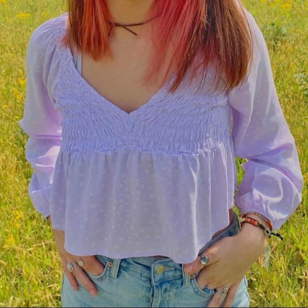 purple polka dot blouse